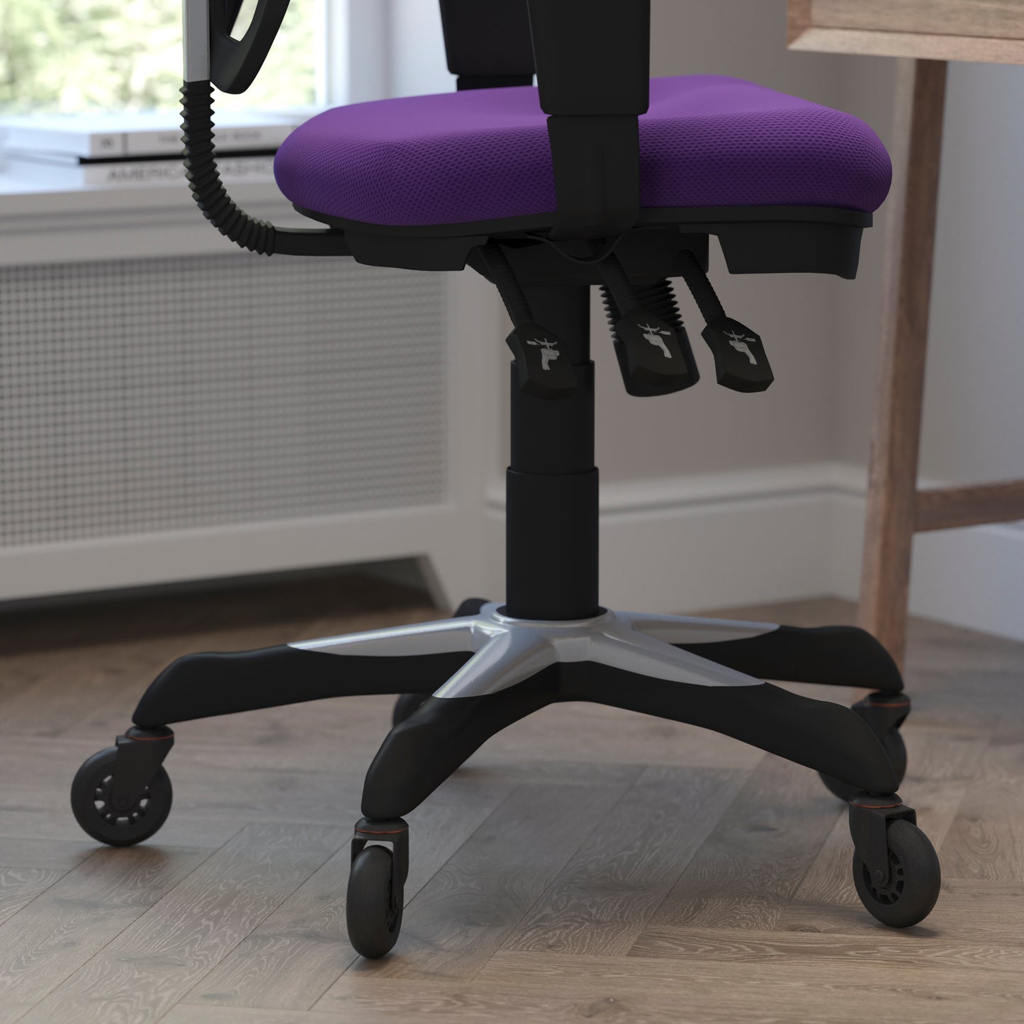 Nicholas Mid-Back Purple Mesh Multifunction Executive Swivel Ergonomic Office Chair with Adjustable Arms and Transparent Roller Wheels Purple/Black Frame