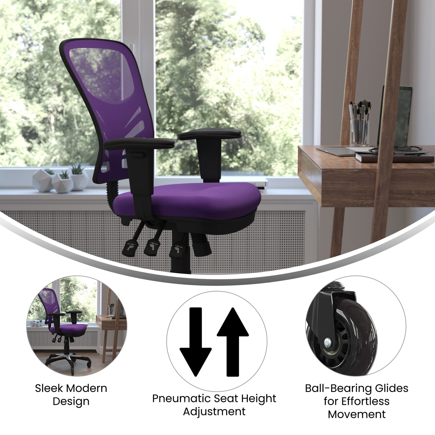 Nicholas Mid-Back Purple Mesh Multifunction Executive Swivel Ergonomic Office Chair with Adjustable Arms and Transparent Roller Wheels Purple/Black Frame