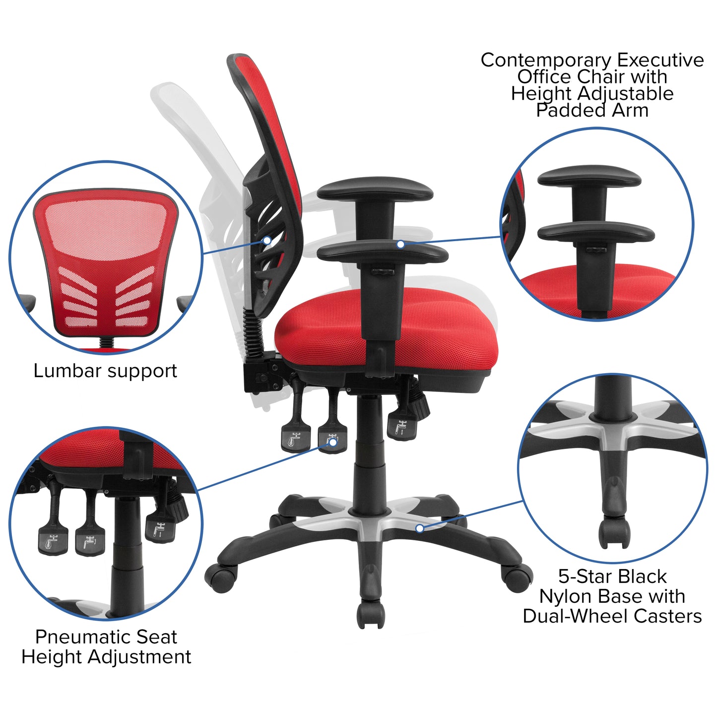 Nicholas Mid-Back Red Mesh Multifunction Executive Swivel Ergonomic Office Chair with Adjustable Arms Red/Black Frame