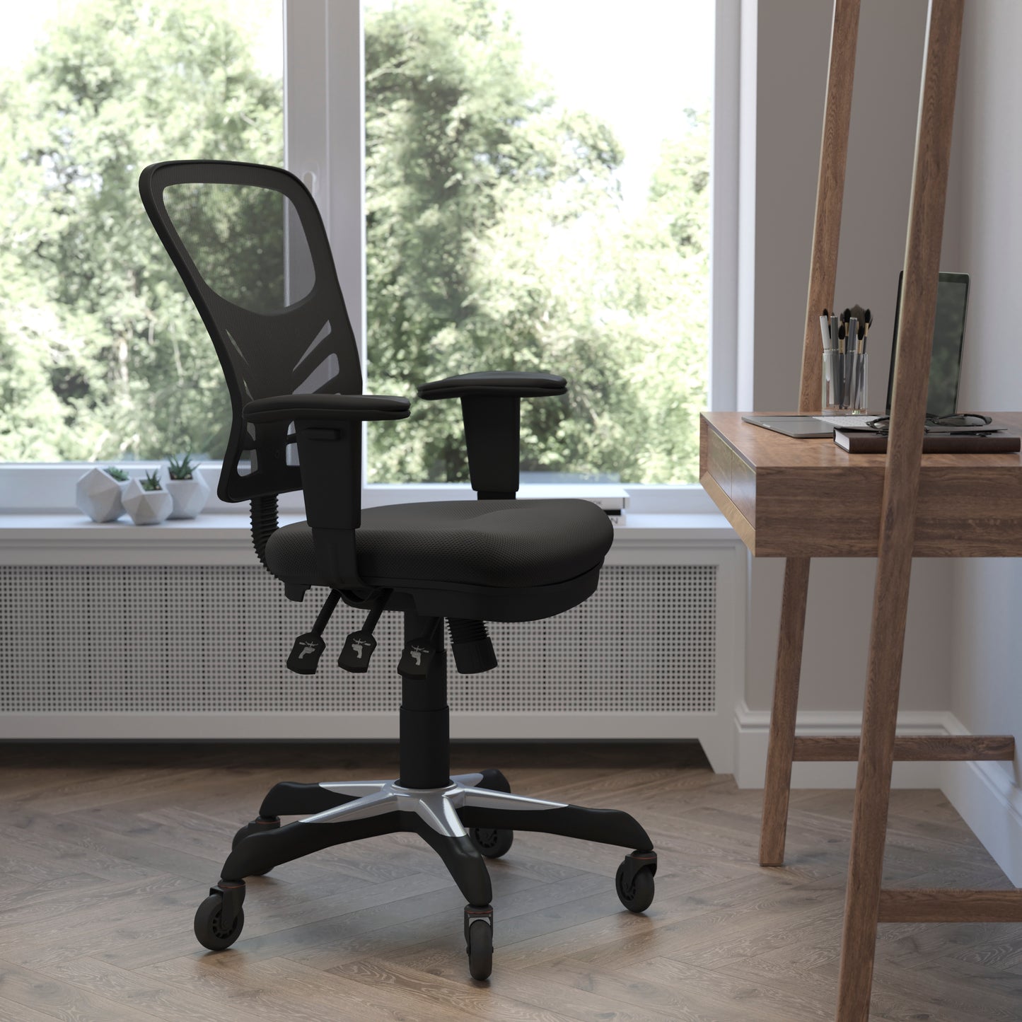 Nicholas Mid-Back Black Mesh Multifunction Executive Swivel Ergonomic Office Chair with Adjustable Arms and Transparent Roller Wheels Black/Black Frame