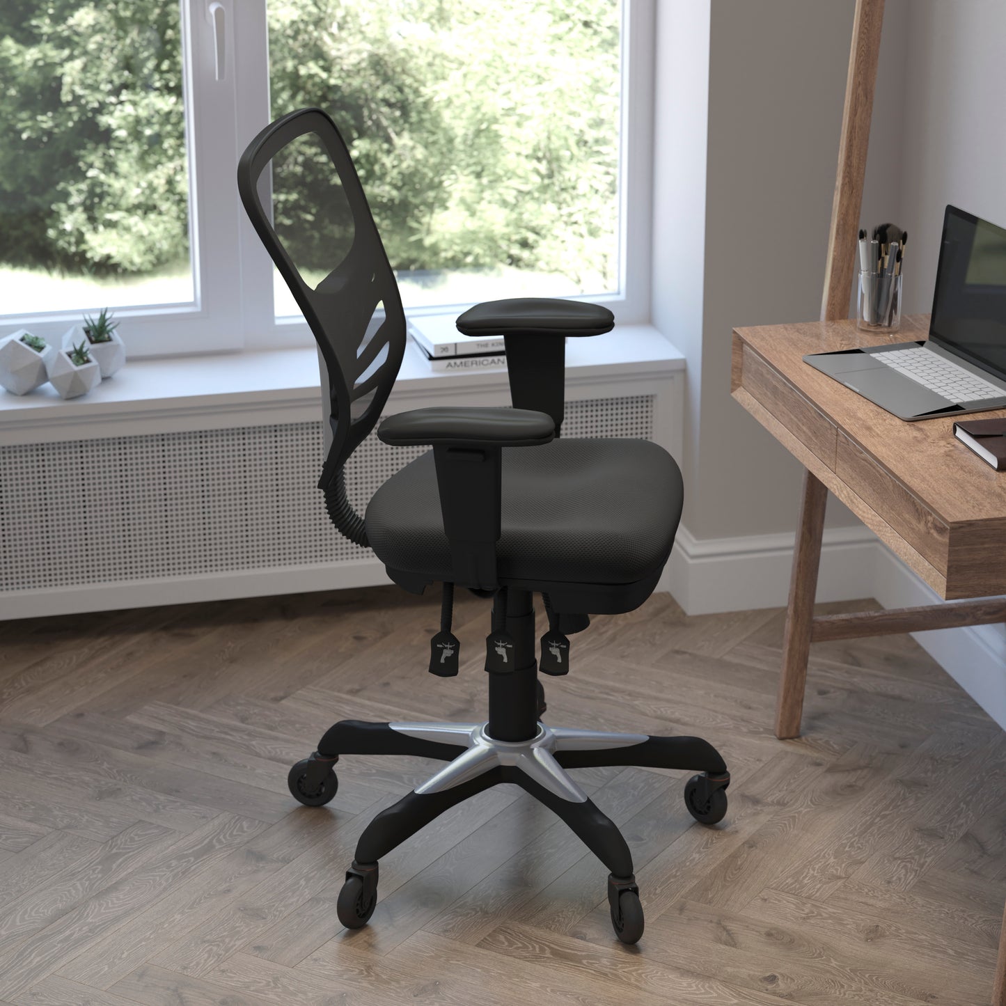 Nicholas Mid-Back Black Mesh Multifunction Executive Swivel Ergonomic Office Chair with Adjustable Arms and Transparent Roller Wheels Black/Black Frame