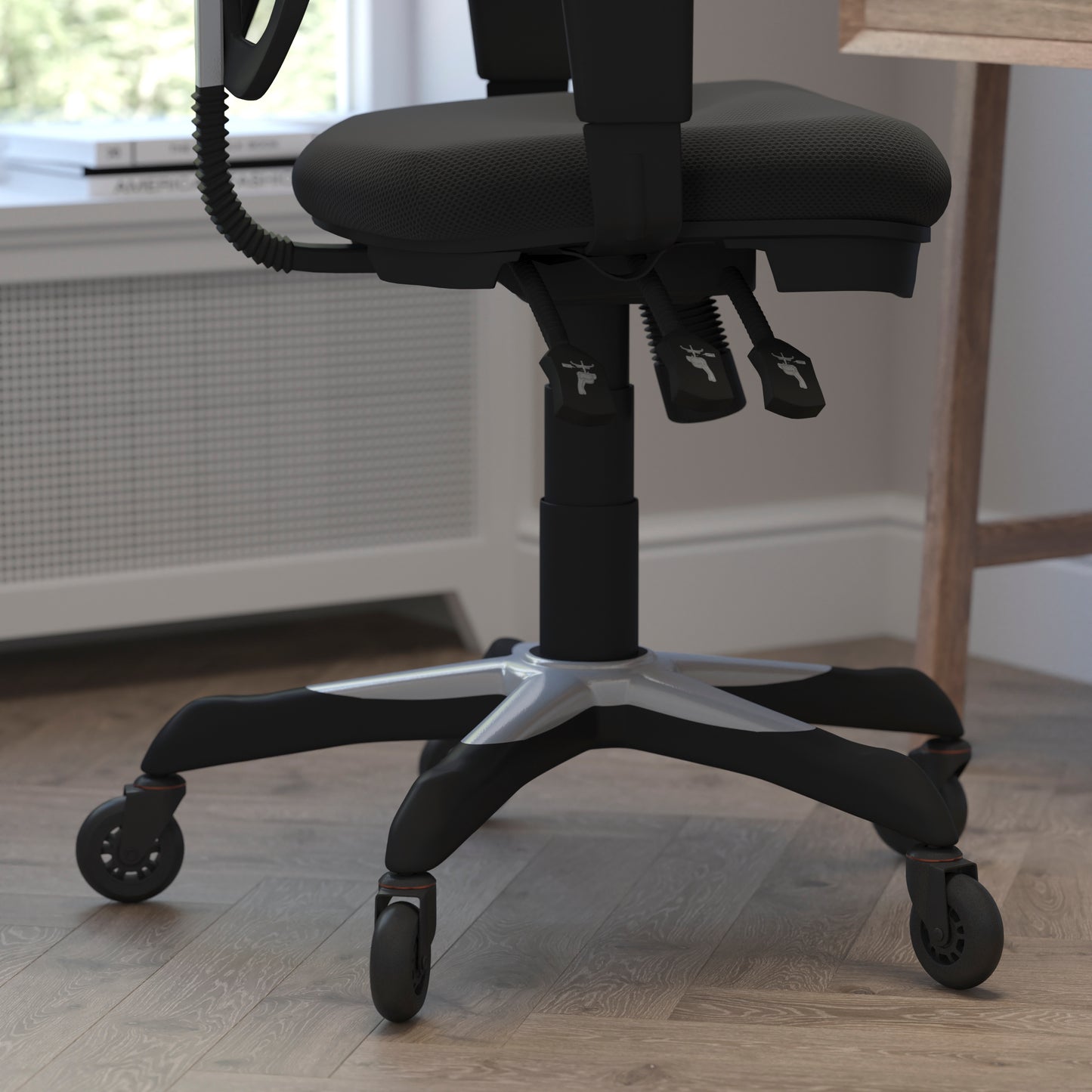 Nicholas Mid-Back Black Mesh Multifunction Executive Swivel Ergonomic Office Chair with Adjustable Arms and Transparent Roller Wheels Black/Black Frame