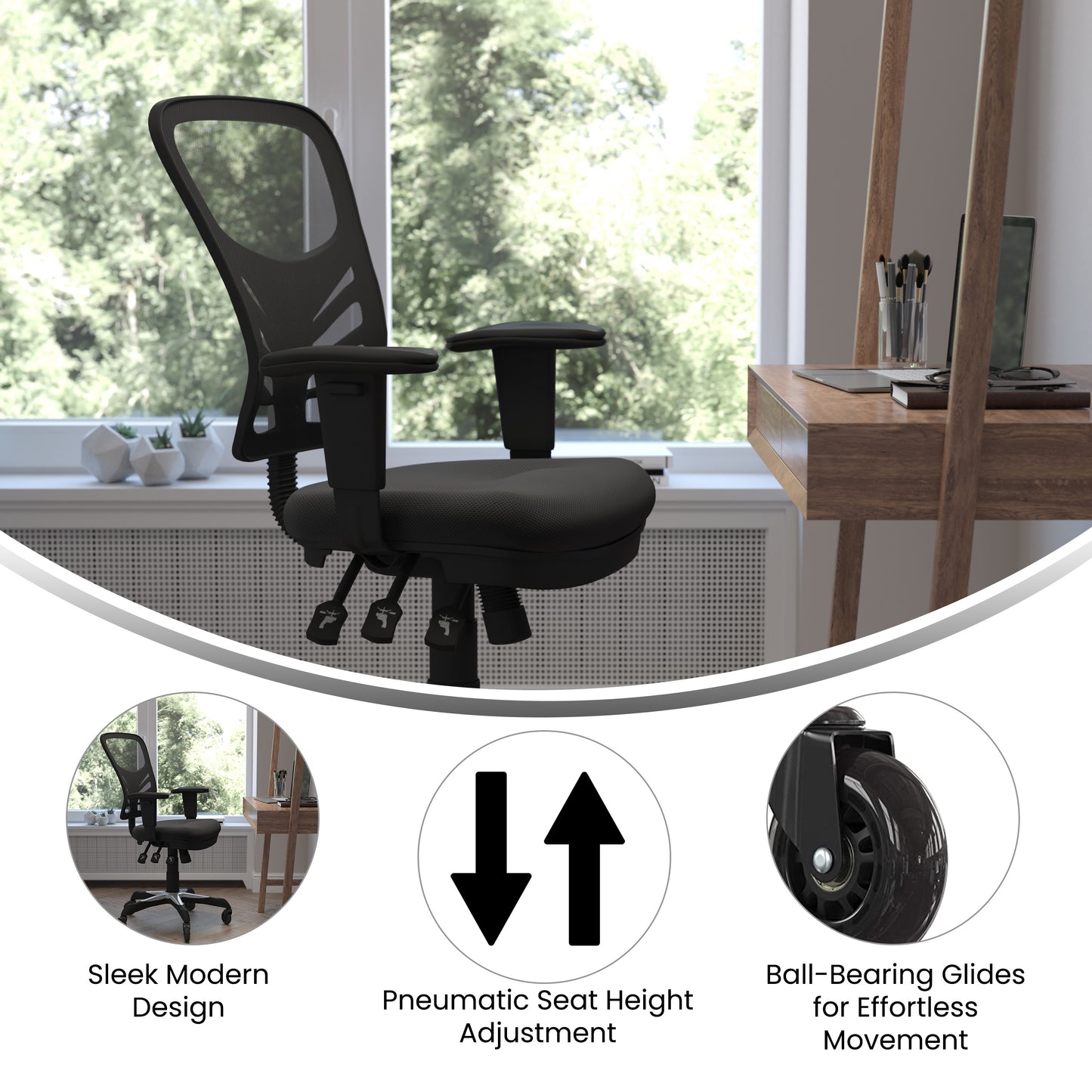 Nicholas Mid-Back Black Mesh Multifunction Executive Swivel Ergonomic Office Chair with Adjustable Arms and Transparent Roller Wheels Black/Black Frame