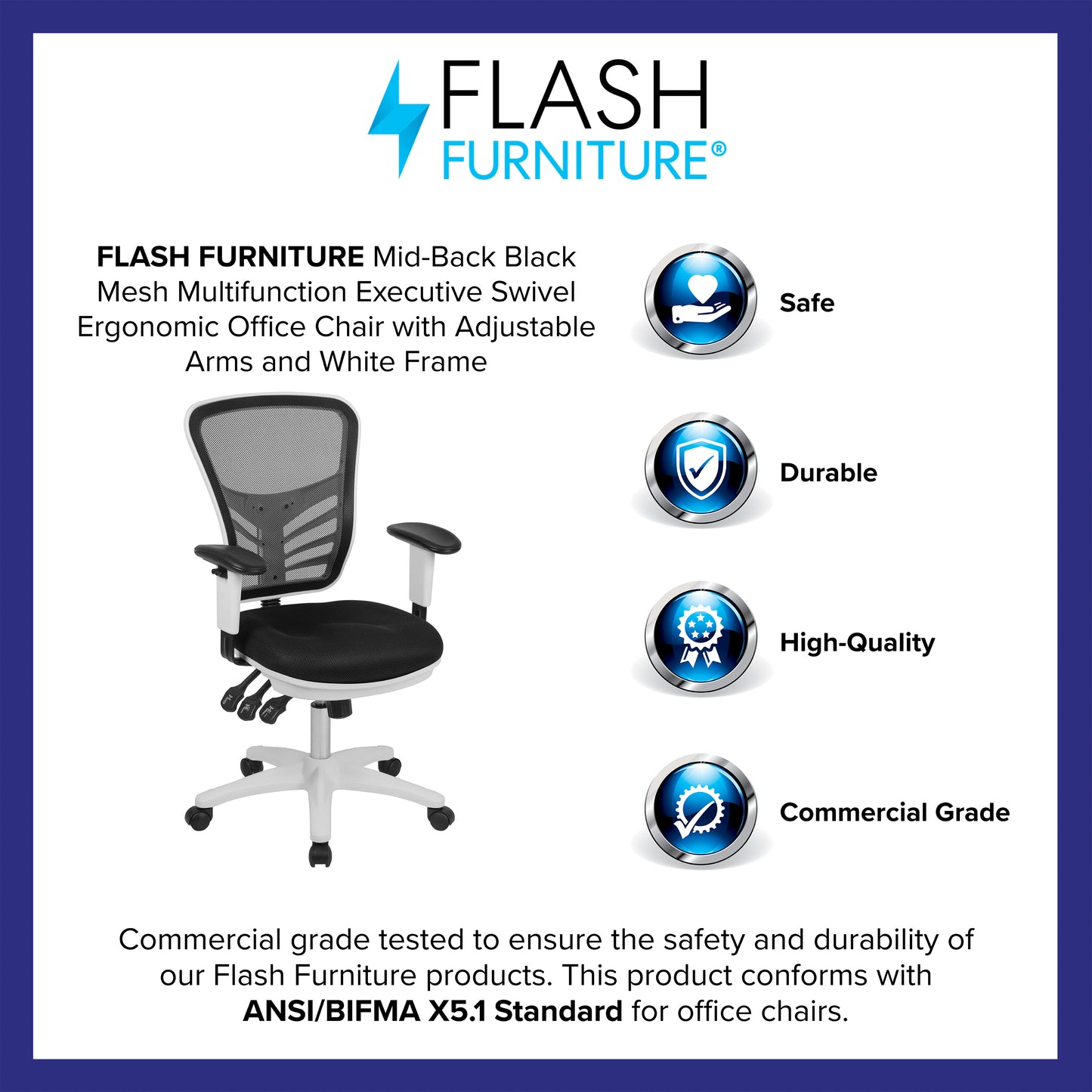 Nicholas Mid-Back Black Mesh Multifunction Executive Swivel Ergonomic Office Chair with Adjustable Arms and White Frame Black Mesh/White Frame