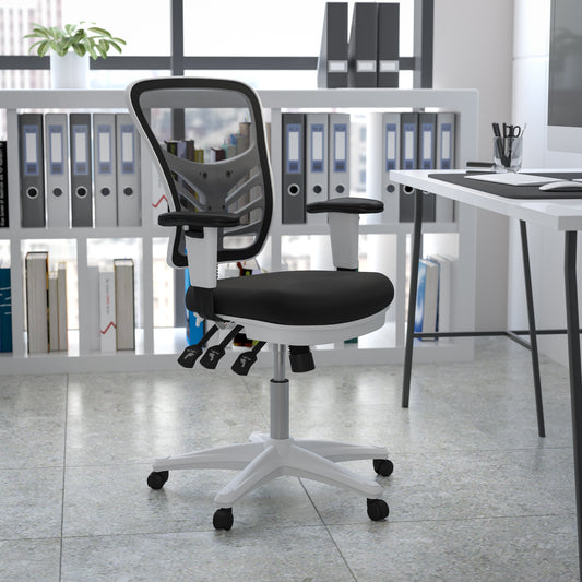 Nicholas Mid-Back Black Mesh Multifunction Executive Swivel Ergonomic Office Chair with Adjustable Arms and White Frame Black Mesh/White Frame HL-0001-WH-BK-GG