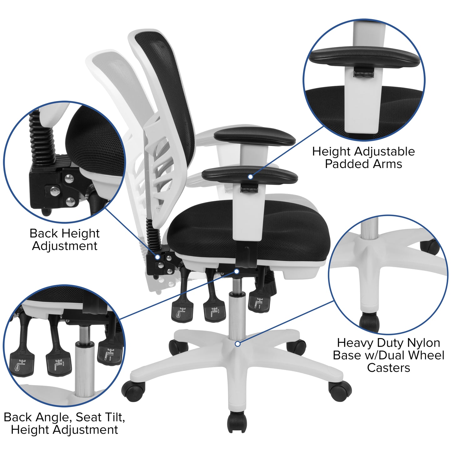 Nicholas Mid-Back Black Mesh Multifunction Executive Swivel Ergonomic Office Chair with Adjustable Arms and White Frame Black Mesh/White Frame