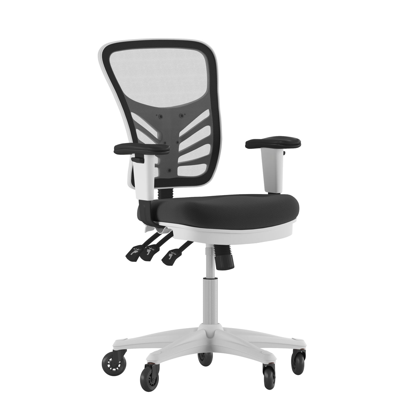 Nicholas Mid-Back Black Mesh Multifunction Executive Ergonomic Office Chair with Adjustable Arms, Transparent Roller Wheels, and White Frame Black Mesh/White Frame