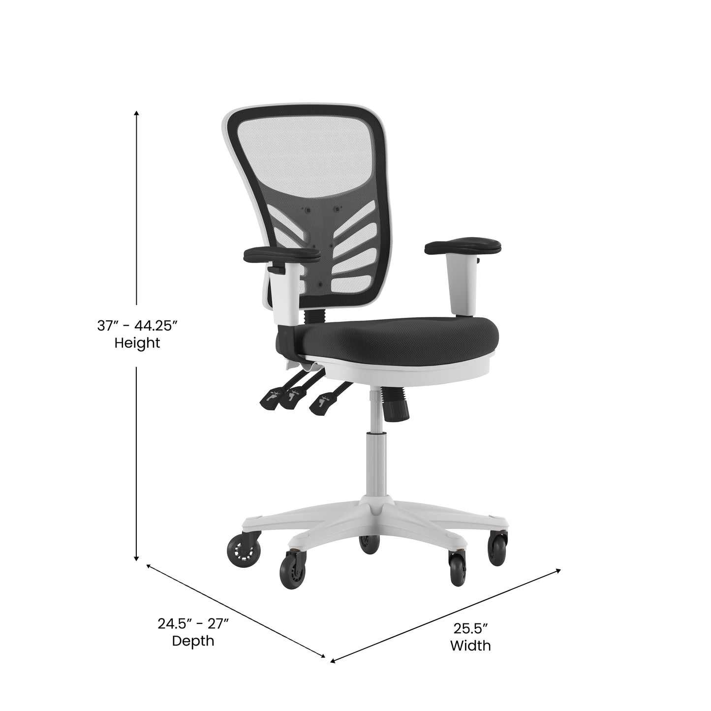 Nicholas Mid-Back Black Mesh Multifunction Executive Ergonomic Office Chair with Adjustable Arms, Transparent Roller Wheels, and White Frame Black Mesh/White Frame
