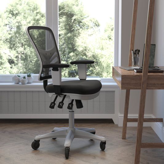 Nicholas Mid-Back Black Mesh Multifunction Executive Ergonomic Office Chair with Adjustable Arms, Transparent Roller Wheels, and White Frame Black Mesh/White Frame HL-0001-WH-BK-RLB-GG