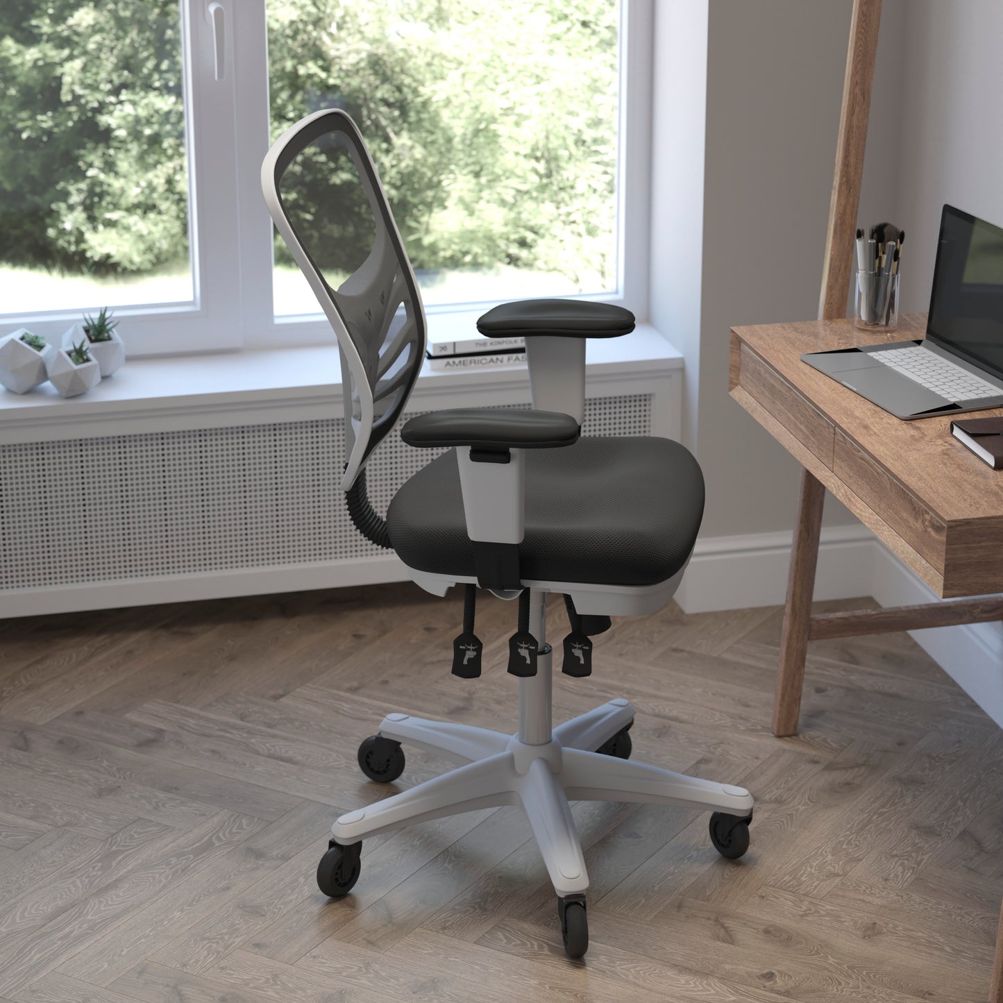 Nicholas Mid-Back Black Mesh Multifunction Executive Ergonomic Office Chair with Adjustable Arms, Transparent Roller Wheels, and White Frame Black Mesh/White Frame