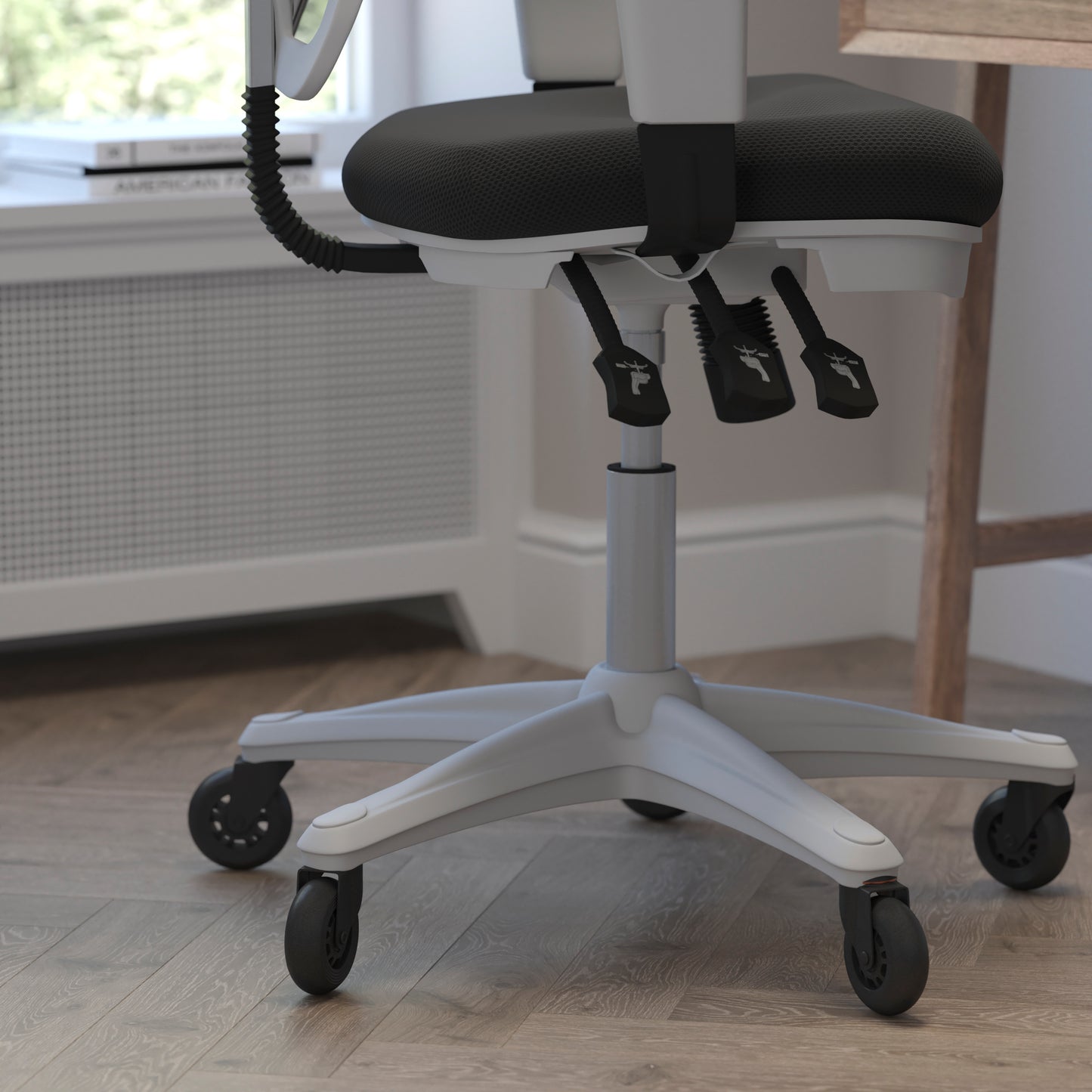 Nicholas Mid-Back Black Mesh Multifunction Executive Ergonomic Office Chair with Adjustable Arms, Transparent Roller Wheels, and White Frame Black Mesh/White Frame