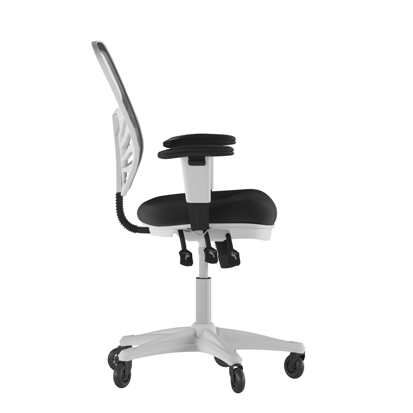 Nicholas Mid-Back Black Mesh Multifunction Executive Ergonomic Office Chair with Adjustable Arms, Transparent Roller Wheels, and White Frame Black Mesh/White Frame