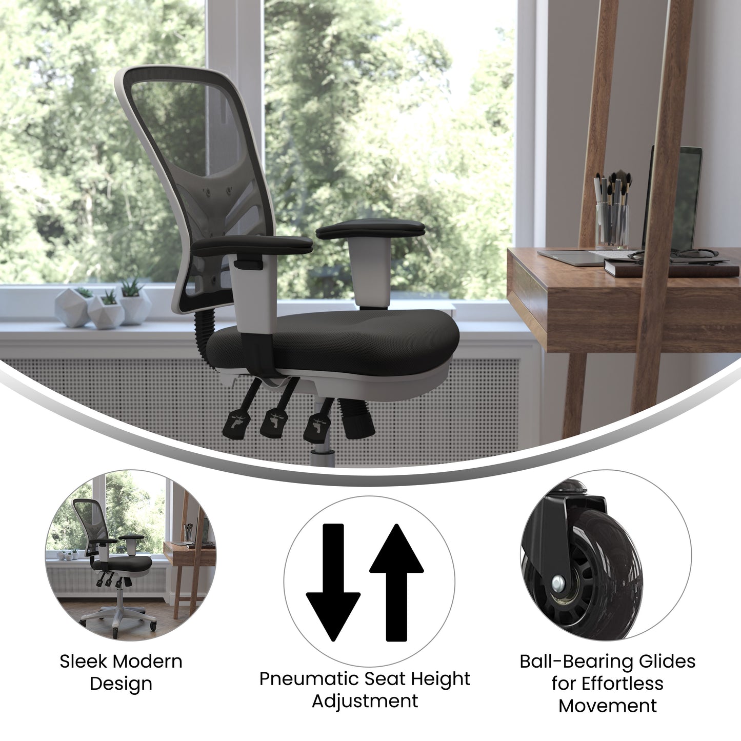 Nicholas Mid-Back Black Mesh Multifunction Executive Ergonomic Office Chair with Adjustable Arms, Transparent Roller Wheels, and White Frame Black Mesh/White Frame