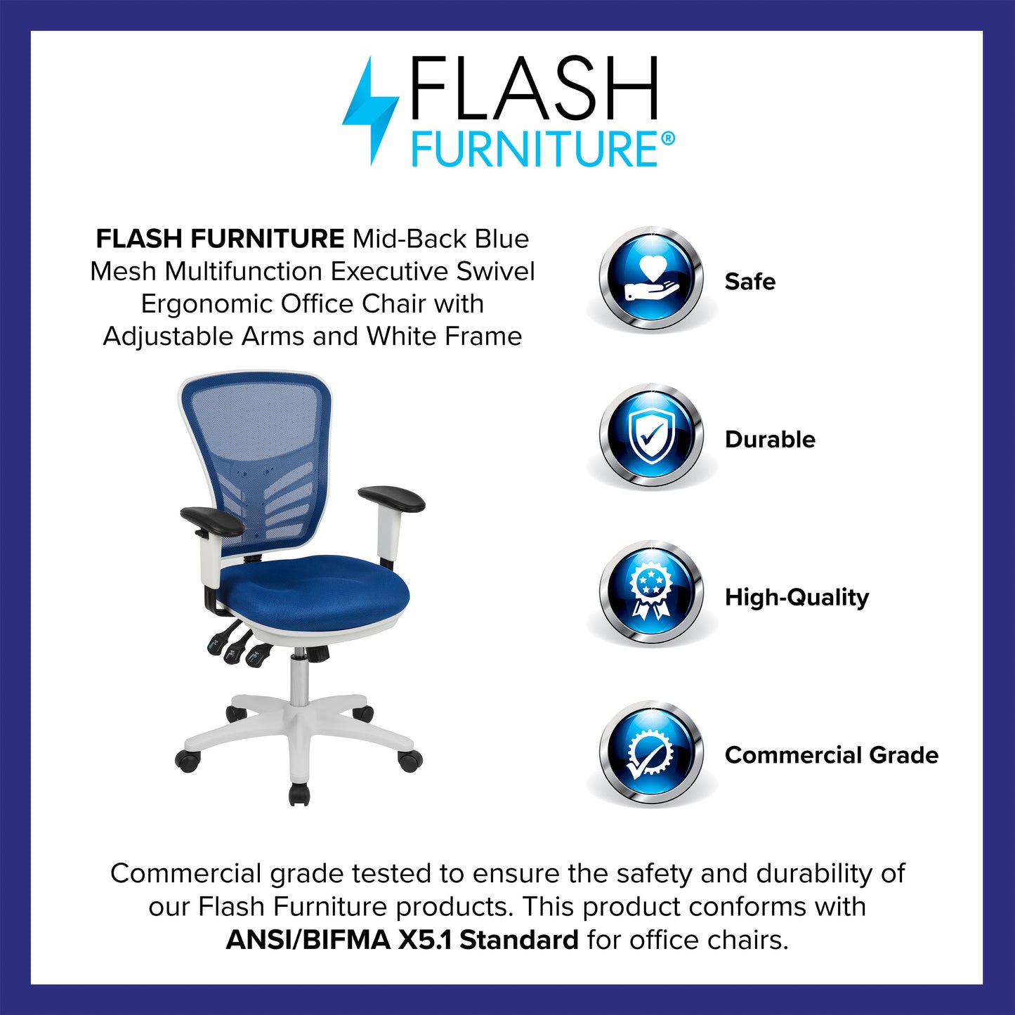 Nicholas Mid-Back Blue Mesh Multifunction Executive Swivel Ergonomic Office Chair with Adjustable Arms and White Frame Blue Mesh/White Frame