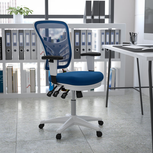 Nicholas Mid-Back Blue Mesh Multifunction Executive Swivel Ergonomic Office Chair with Adjustable Arms and White Frame Blue Mesh/White Frame HL-0001-WH-BLUE-GG