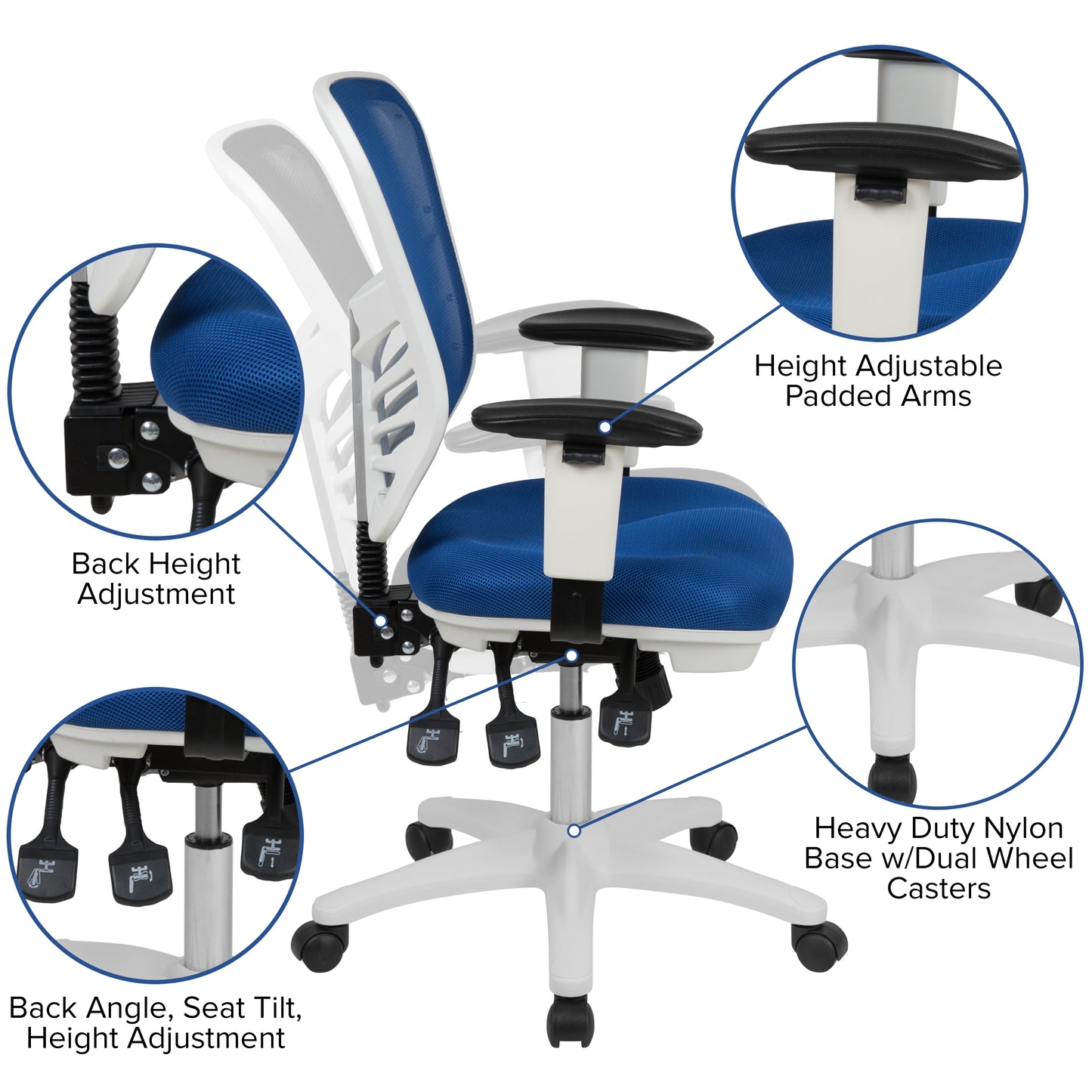 Nicholas Mid-Back Blue Mesh Multifunction Executive Swivel Ergonomic Office Chair with Adjustable Arms and White Frame Blue Mesh/White Frame