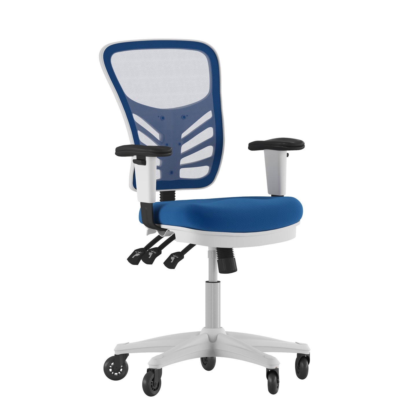 Nicholas Mid-Back Blue Mesh Multifunction Executive Ergonomic Office Chair with Adjustable Arms, Transparent Roller Wheels, and White Frame Blue Mesh/White Frame
