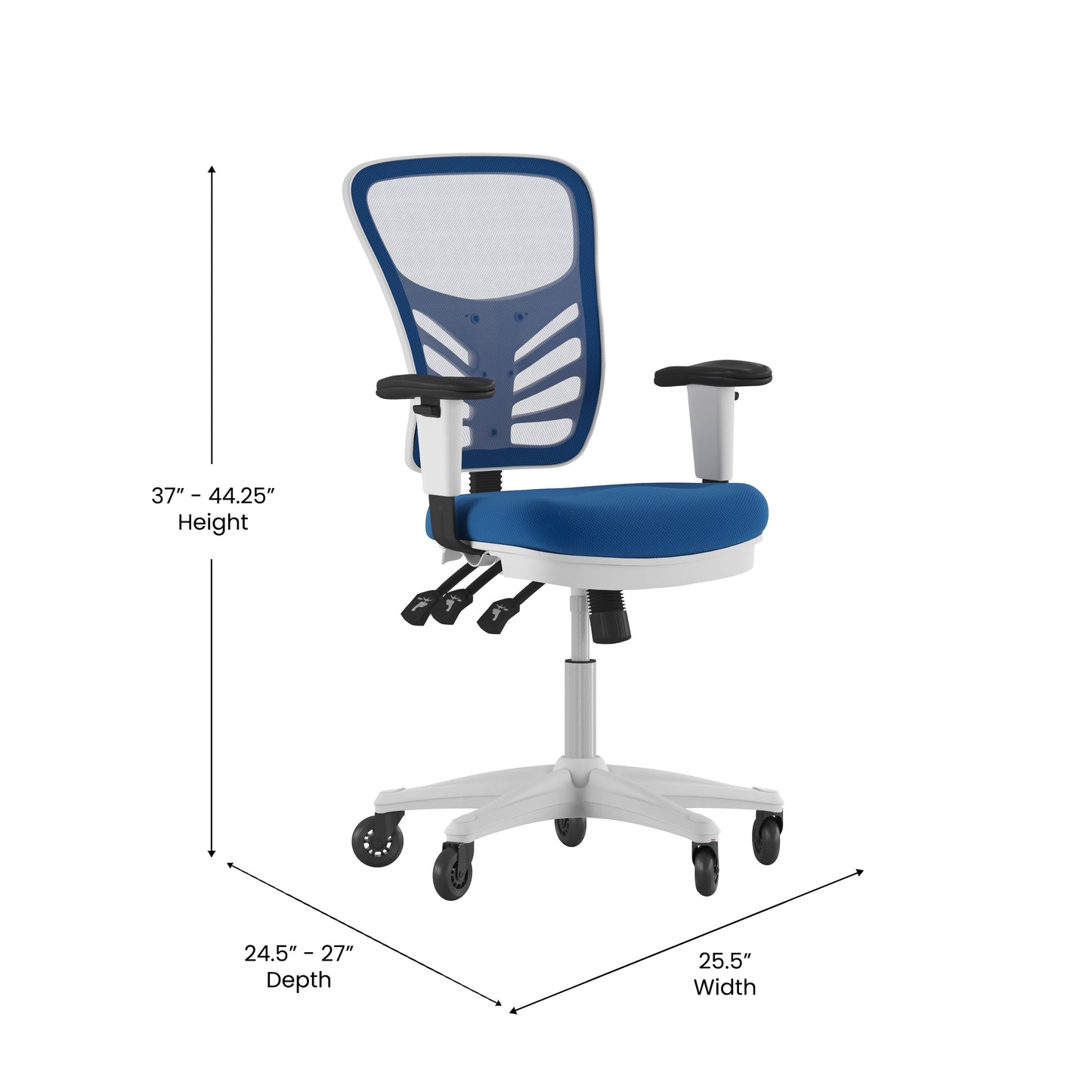 Nicholas Mid-Back Blue Mesh Multifunction Executive Ergonomic Office Chair with Adjustable Arms, Transparent Roller Wheels, and White Frame Blue Mesh/White Frame