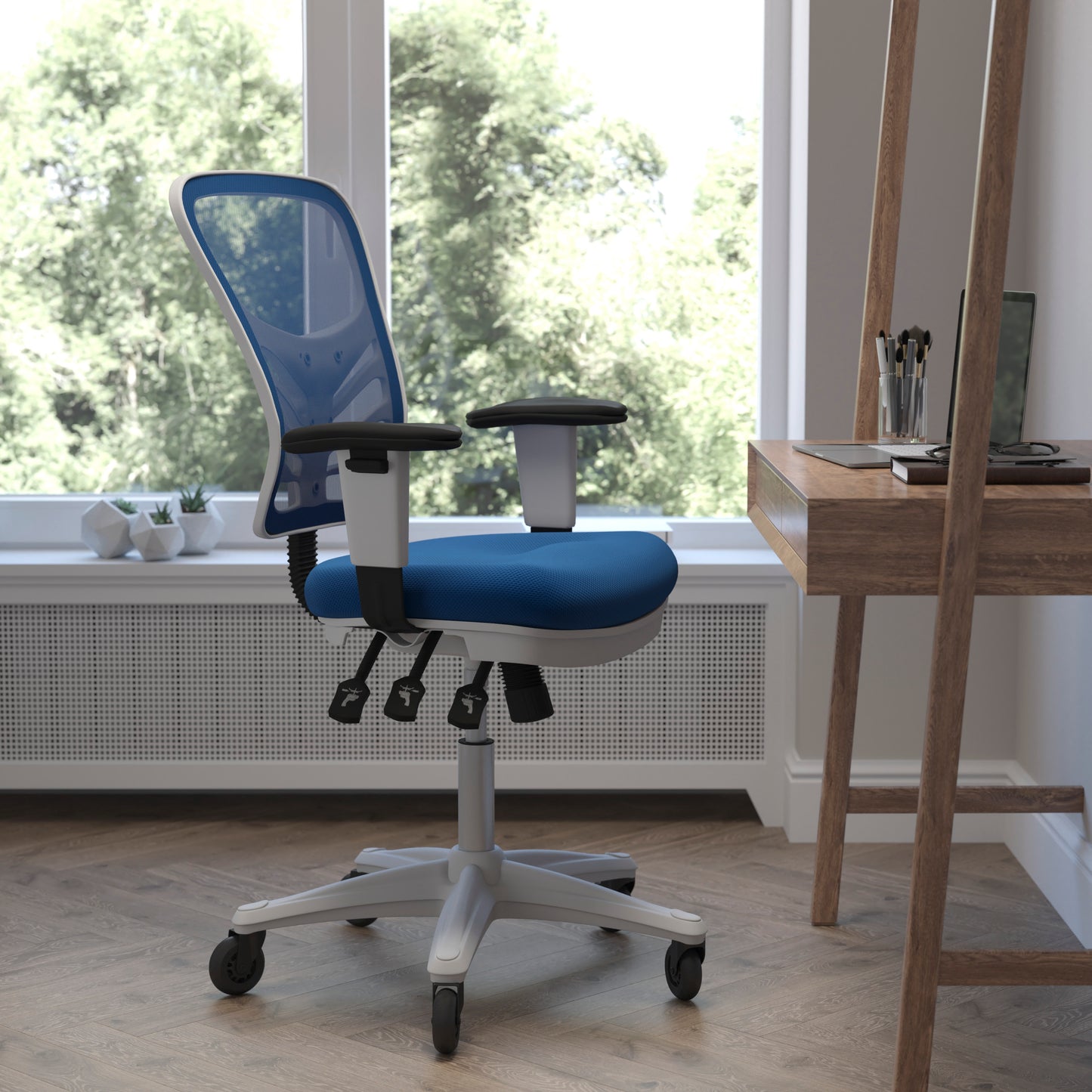 Nicholas Mid-Back Blue Mesh Multifunction Executive Ergonomic Office Chair with Adjustable Arms, Transparent Roller Wheels, and White Frame Blue Mesh/White Frame