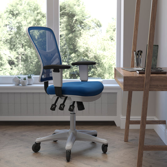 Nicholas Mid-Back Blue Mesh Multifunction Executive Ergonomic Office Chair with Adjustable Arms, Transparent Roller Wheels, and White Frame Blue Mesh/White Frame HL-0001-WH-BLUE-RLB-GG