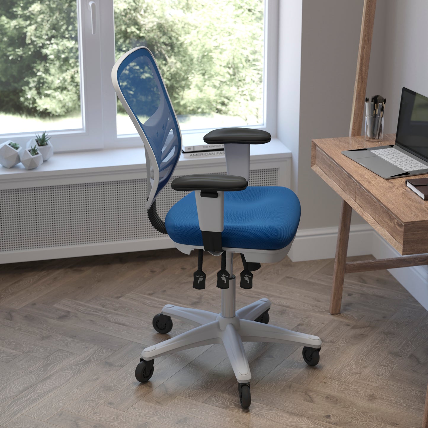 Nicholas Mid-Back Blue Mesh Multifunction Executive Ergonomic Office Chair with Adjustable Arms, Transparent Roller Wheels, and White Frame Blue Mesh/White Frame