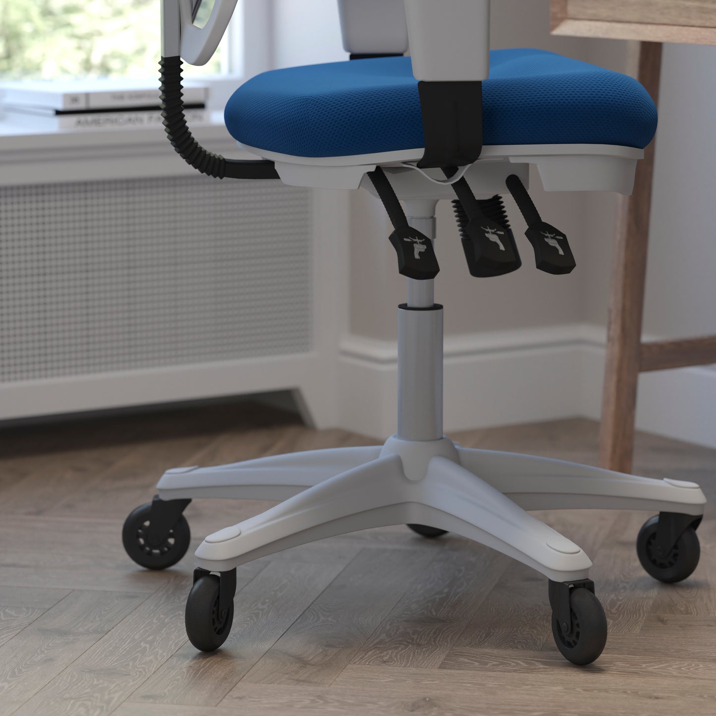 Nicholas Mid-Back Blue Mesh Multifunction Executive Ergonomic Office Chair with Adjustable Arms, Transparent Roller Wheels, and White Frame Blue Mesh/White Frame
