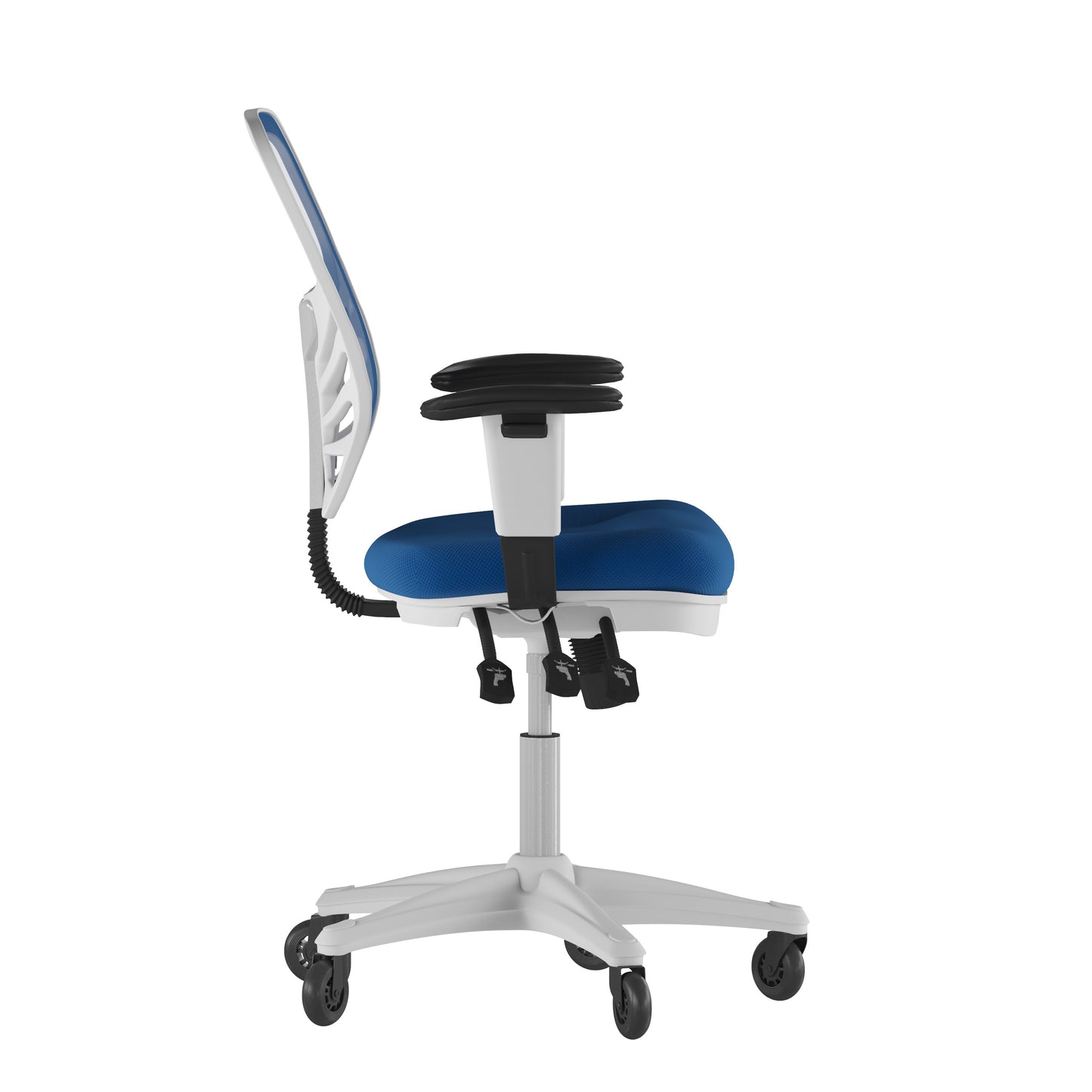 Nicholas Mid-Back Blue Mesh Multifunction Executive Ergonomic Office Chair with Adjustable Arms, Transparent Roller Wheels, and White Frame Blue Mesh/White Frame