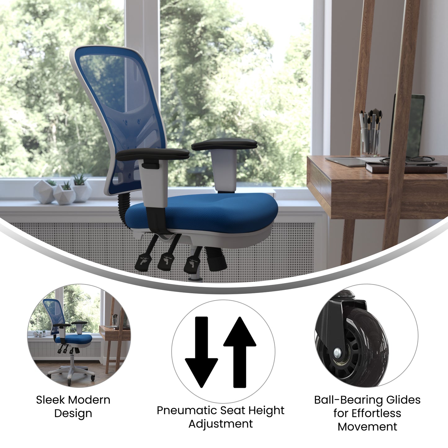 Nicholas Mid-Back Blue Mesh Multifunction Executive Ergonomic Office Chair with Adjustable Arms, Transparent Roller Wheels, and White Frame Blue Mesh/White Frame