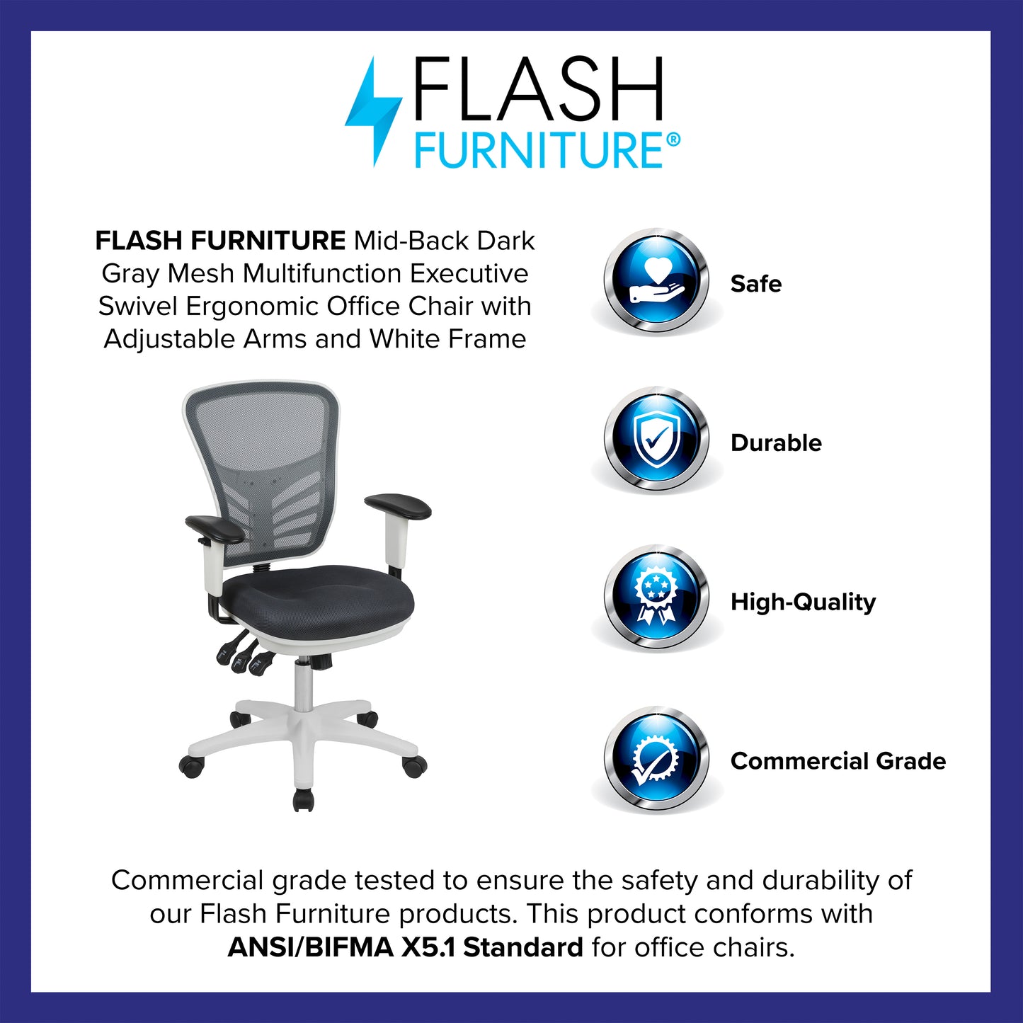 Nicholas Mid-Back Dark Gray Mesh Multifunction Executive Swivel Ergonomic Office Chair with Adjustable Arms and White Frame Dark Gray Mesh/White Frame