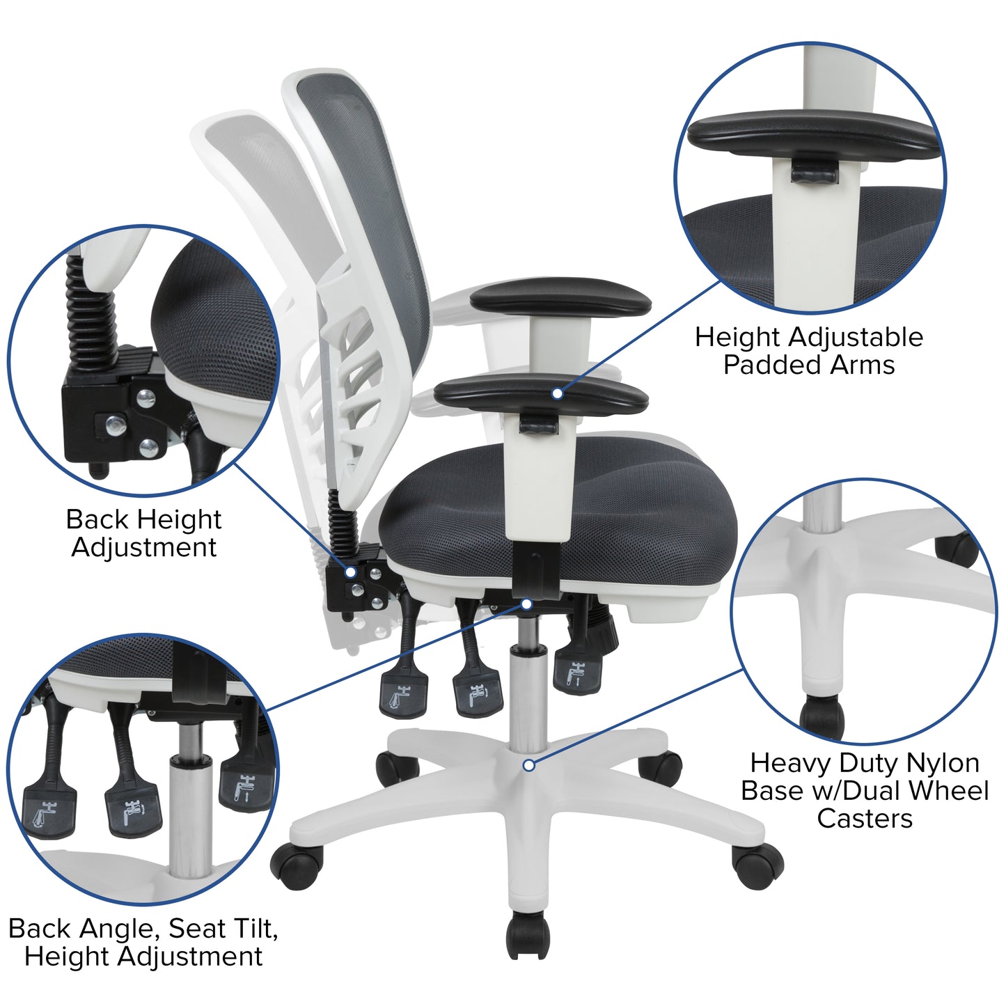 Nicholas Mid-Back Dark Gray Mesh Multifunction Executive Swivel Ergonomic Office Chair with Adjustable Arms and White Frame Dark Gray Mesh/White Frame