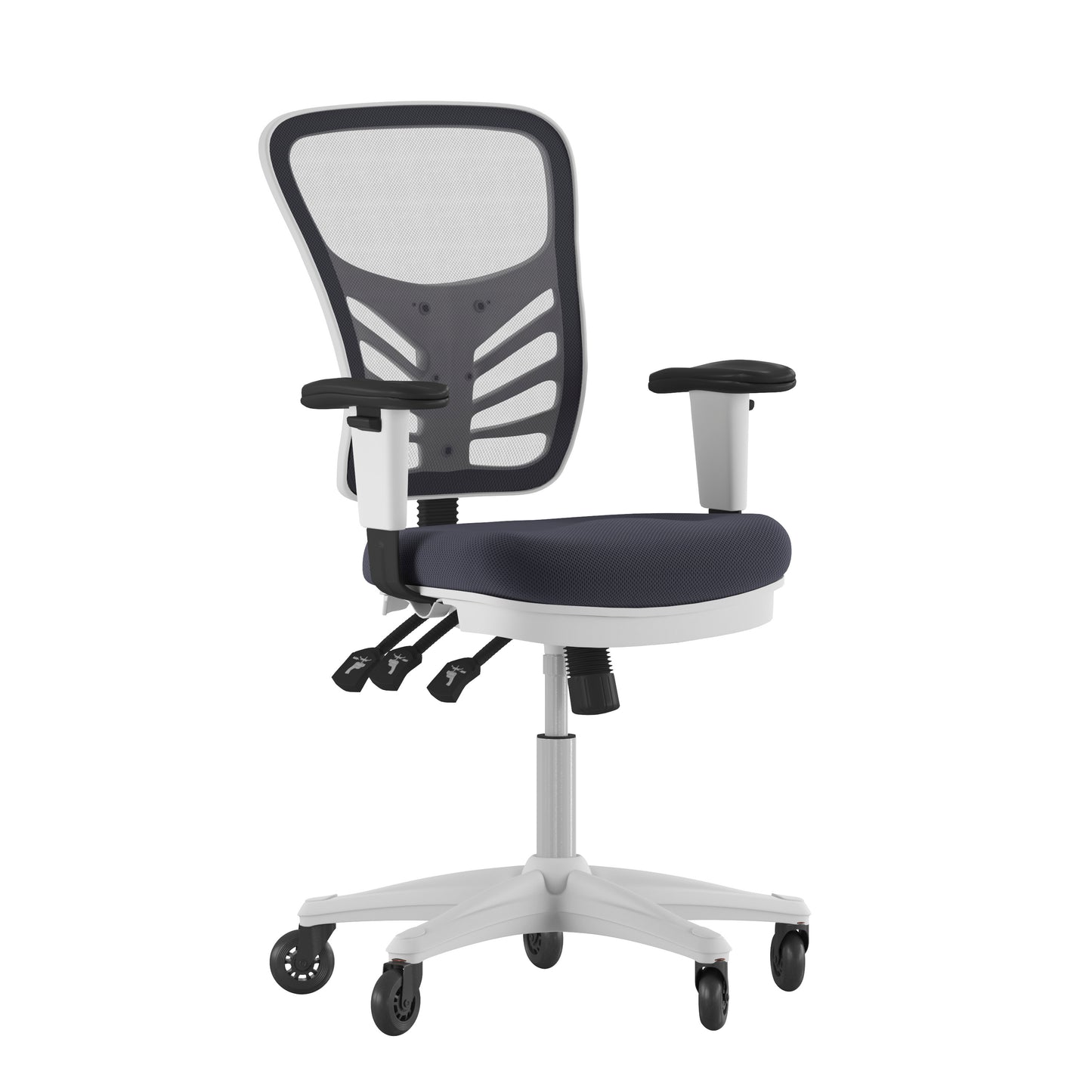 Nicholas Mid-Back Dark Gray Mesh Multifunction Executive Ergonomic Chair with Adjustable Arms, Transparent Roller Wheels, and White Frame Dark Gray Mesh/White Frame