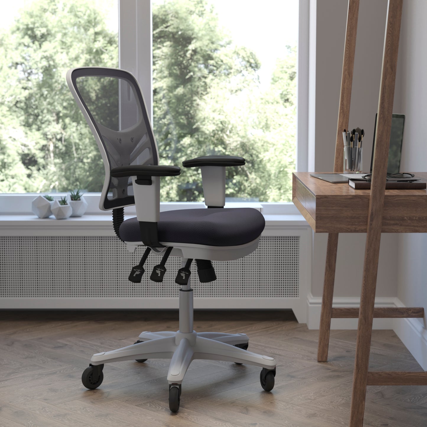 Nicholas Mid-Back Dark Gray Mesh Multifunction Executive Ergonomic Chair with Adjustable Arms, Transparent Roller Wheels, and White Frame Dark Gray Mesh/White Frame