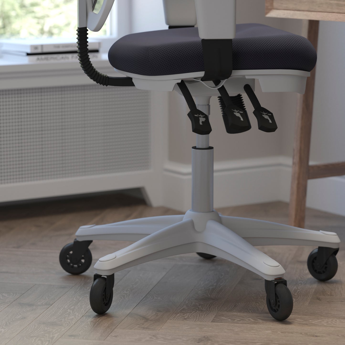Nicholas Mid-Back Dark Gray Mesh Multifunction Executive Ergonomic Chair with Adjustable Arms, Transparent Roller Wheels, and White Frame Dark Gray Mesh/White Frame