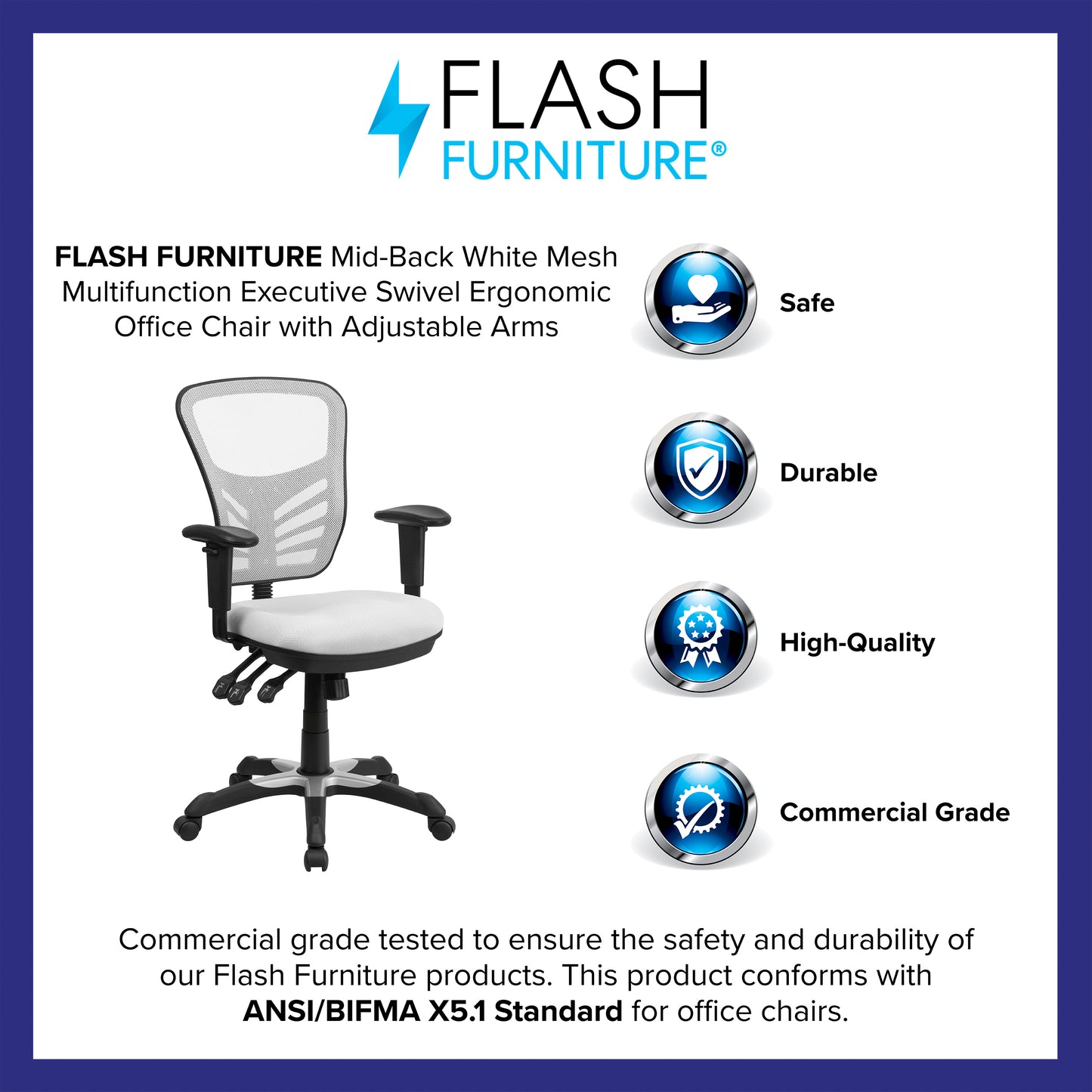 Nicholas Mid-Back White Mesh Multifunction Executive Swivel Ergonomic Office Chair with Adjustable Arms White/Black Frame