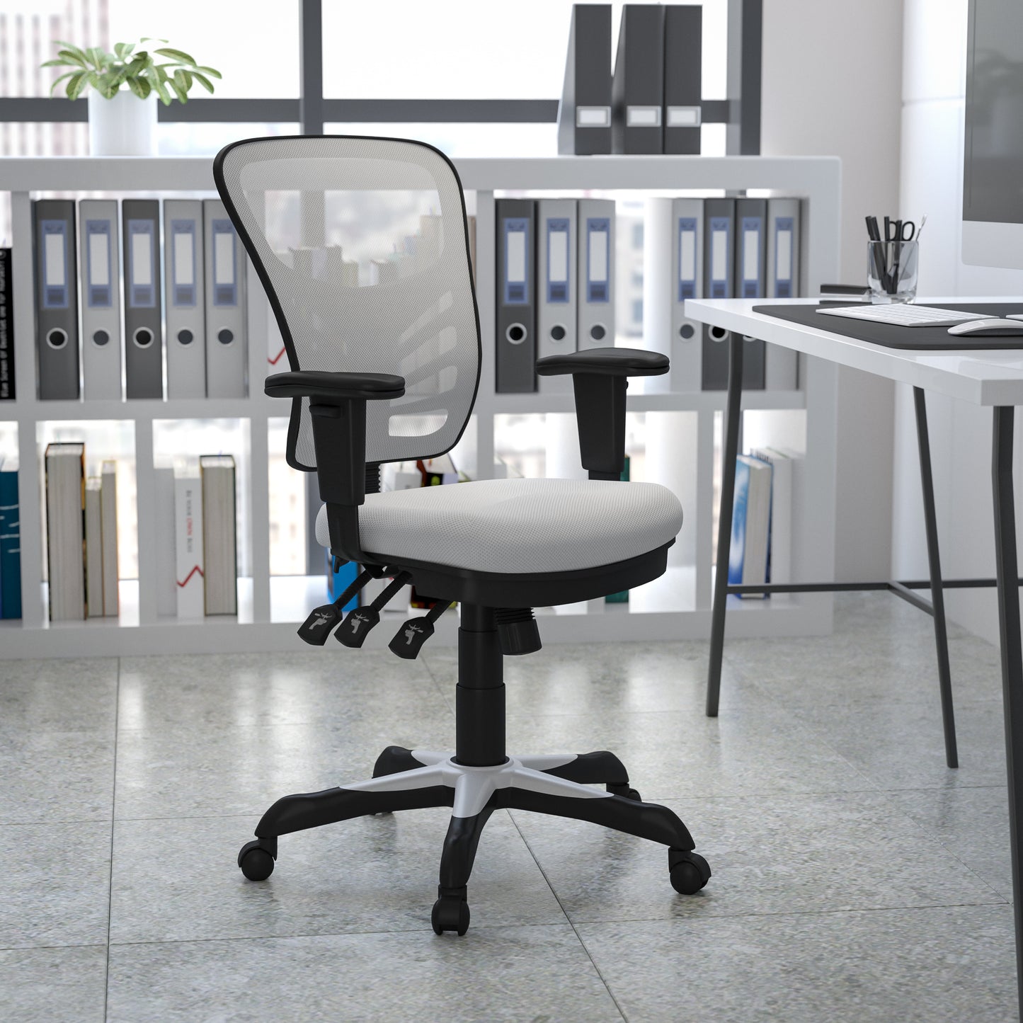 Nicholas Mid-Back White Mesh Multifunction Executive Swivel Ergonomic Office Chair with Adjustable Arms White/Black Frame