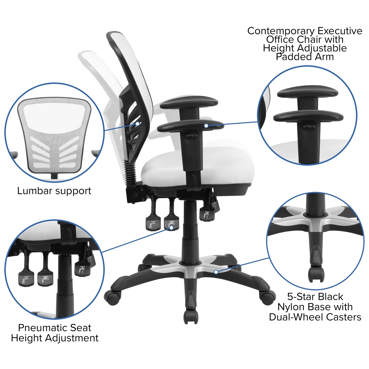 Nicholas Mid-Back White Mesh Multifunction Executive Swivel Ergonomic Office Chair with Adjustable Arms White/Black Frame