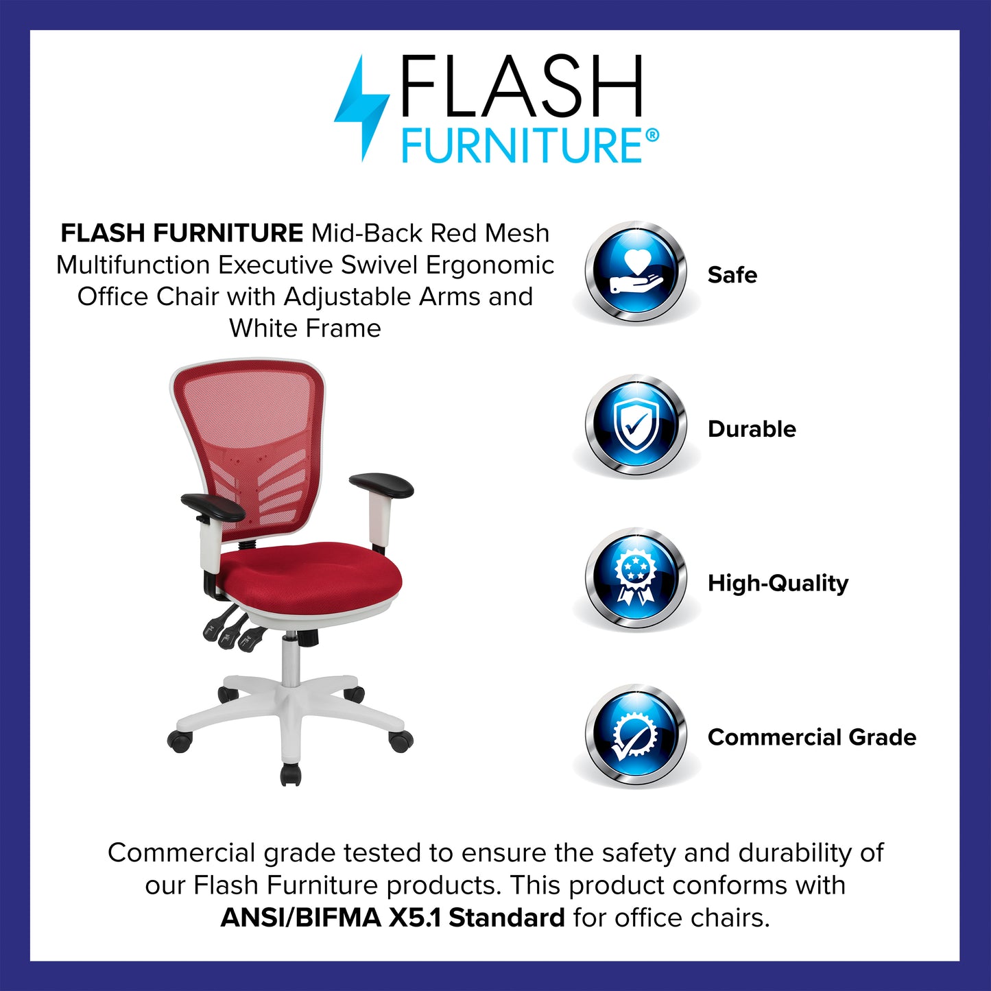 Nicholas Mid-Back Red Mesh Multifunction Executive Swivel Ergonomic Office Chair with Adjustable Arms and White Frame Red Mesh/White Frame