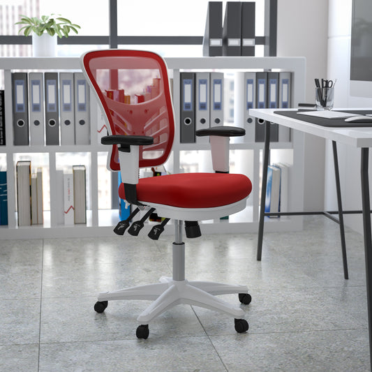 Nicholas Mid-Back Red Mesh Multifunction Executive Swivel Ergonomic Office Chair with Adjustable Arms and White Frame Red Mesh/White Frame HL-0001-WH-RED-GG