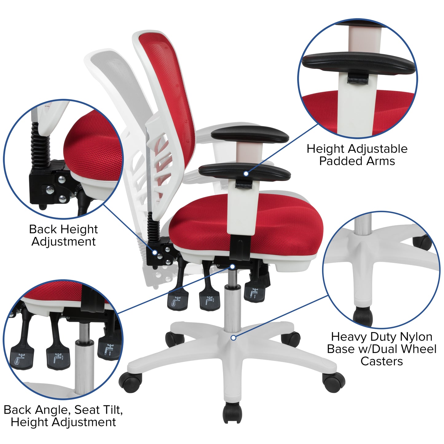 Nicholas Mid-Back Red Mesh Multifunction Executive Swivel Ergonomic Office Chair with Adjustable Arms and White Frame Red Mesh/White Frame