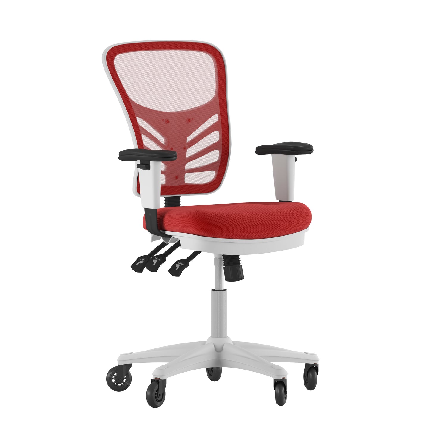 Nicholas Mid-Back Red Mesh Multifunction Executive Ergonomic Office Chair with Adjustable Arms, Transparent Roller Wheels, and White Frame Red Mesh/White Frame