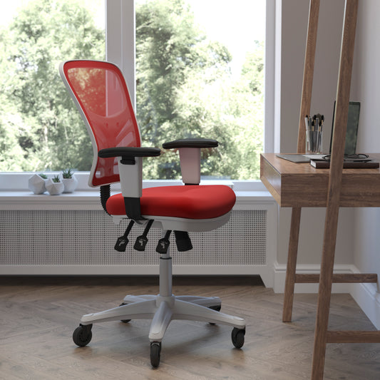 Nicholas Mid-Back Red Mesh Multifunction Executive Ergonomic Office Chair with Adjustable Arms, Transparent Roller Wheels, and White Frame Red Mesh/White Frame HL-0001-WH-RED-RLB-GG