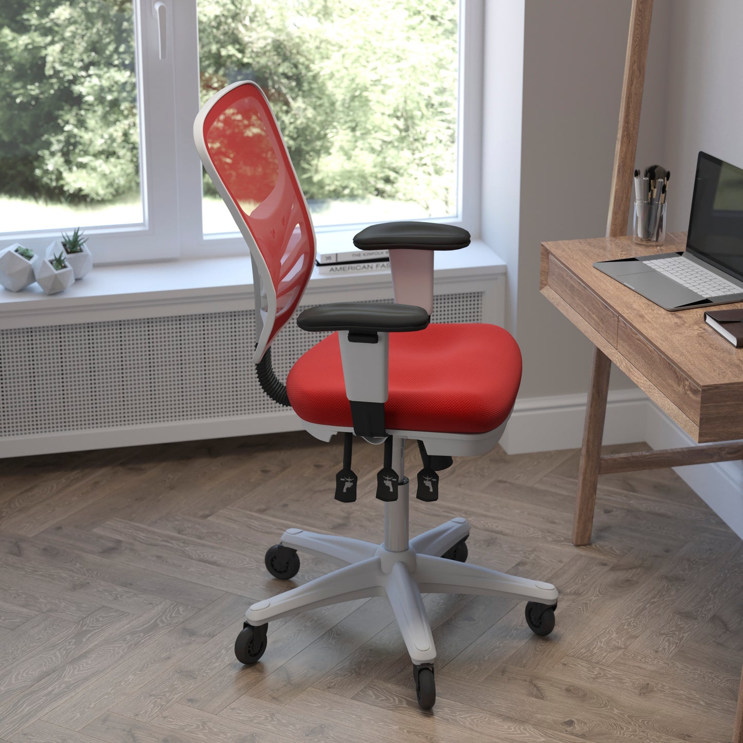 Nicholas Mid-Back Red Mesh Multifunction Executive Ergonomic Office Chair with Adjustable Arms, Transparent Roller Wheels, and White Frame Red Mesh/White Frame