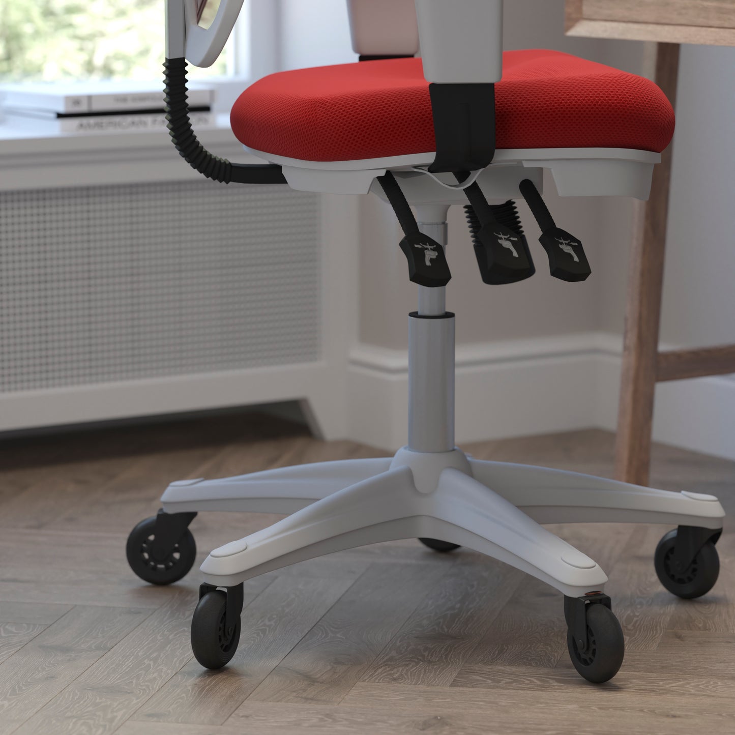 Nicholas Mid-Back Red Mesh Multifunction Executive Ergonomic Office Chair with Adjustable Arms, Transparent Roller Wheels, and White Frame Red Mesh/White Frame