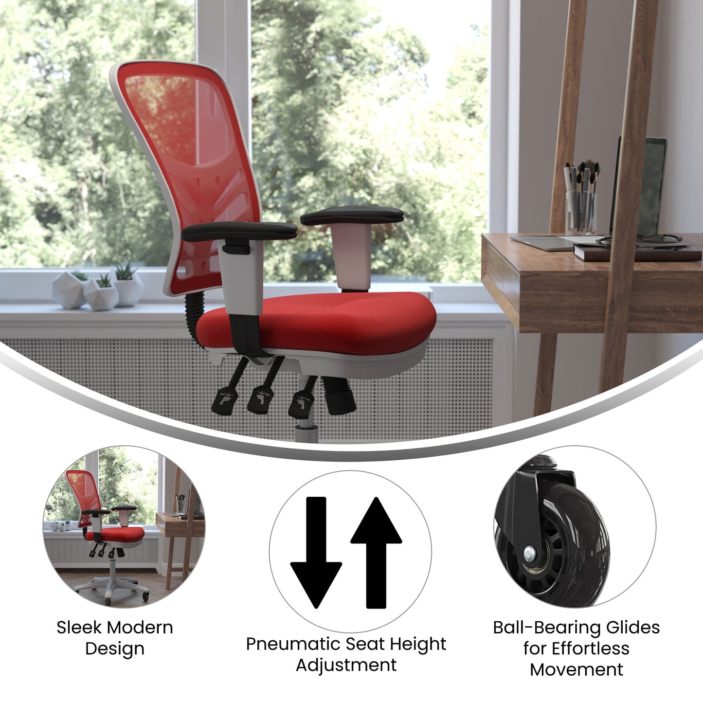 Nicholas Mid-Back Red Mesh Multifunction Executive Ergonomic Office Chair with Adjustable Arms, Transparent Roller Wheels, and White Frame Red Mesh/White Frame