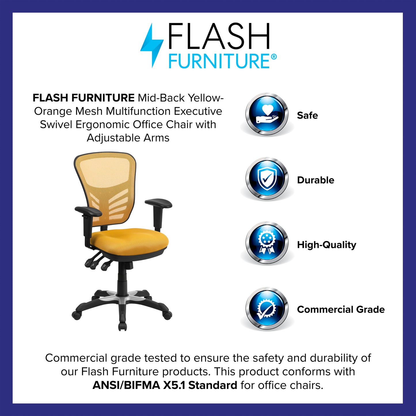 Nicholas Mid-Back Yellow-Orange Mesh Multifunction Executive Swivel Ergonomic Office Chair with Adjustable Arms Yellow-Orange/Black Frame