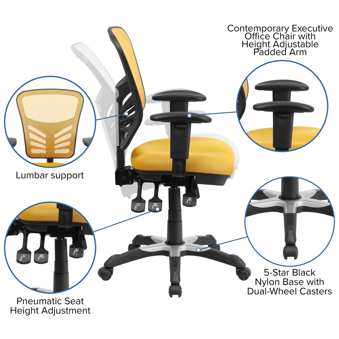 Nicholas Mid-Back Yellow-Orange Mesh Multifunction Executive Swivel Ergonomic Office Chair with Adjustable Arms Yellow-Orange/Black Frame
