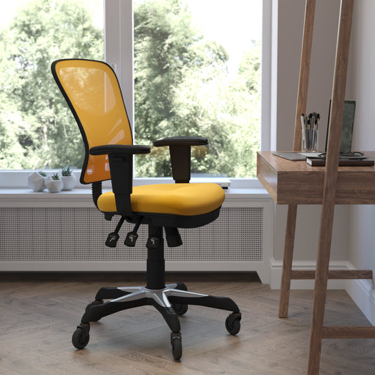 Nicholas Mid-Back Yellow-Orange Mesh Multifunction Executive Swivel Ergonomic Office Chair with Adjustable Arms and Transparent Roller Wheels Yellow-Orange/Black Frame HL-0001-YEL-RLB-GG