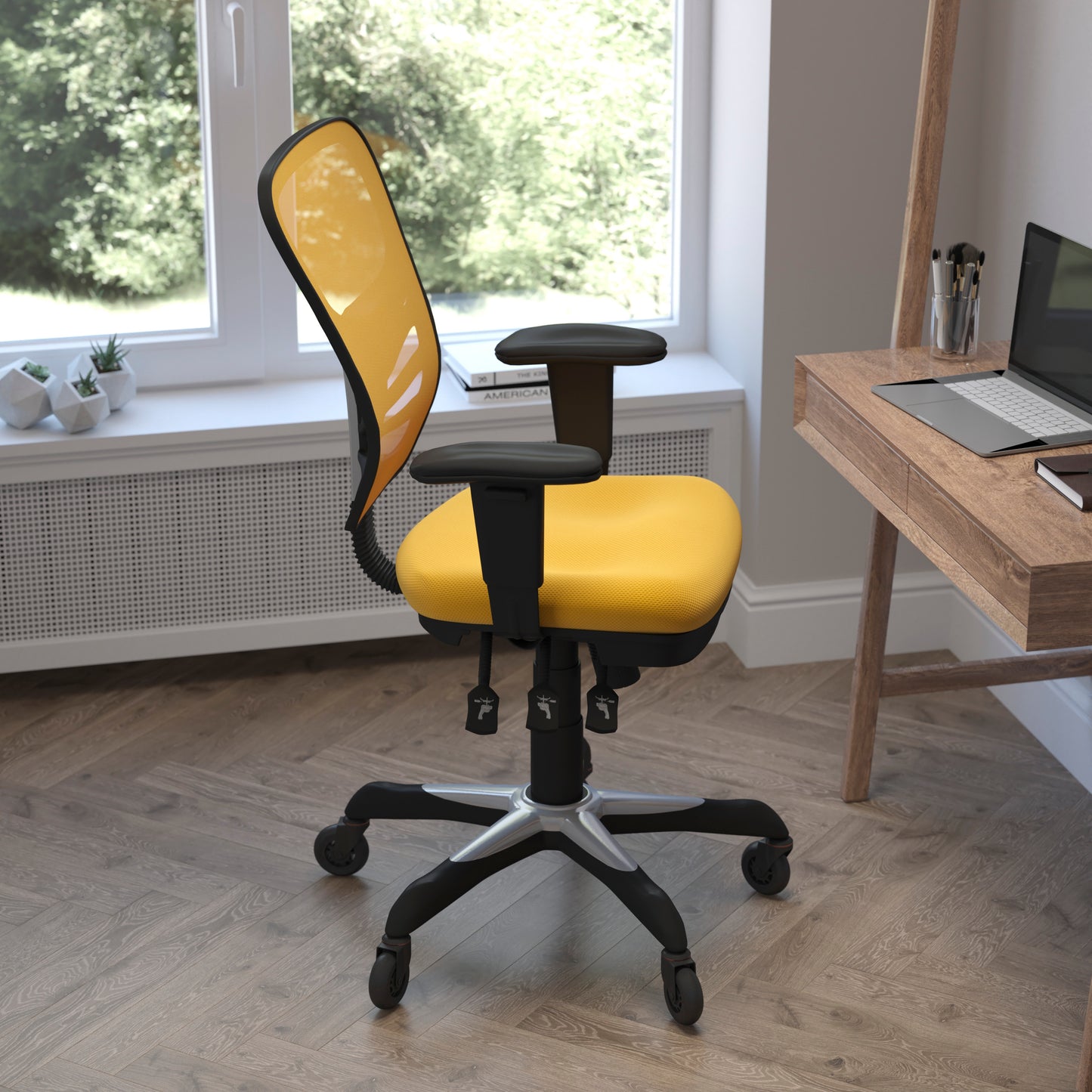 Nicholas Mid-Back Yellow-Orange Mesh Multifunction Executive Swivel Ergonomic Office Chair with Adjustable Arms and Transparent Roller Wheels Yellow-Orange/Black Frame