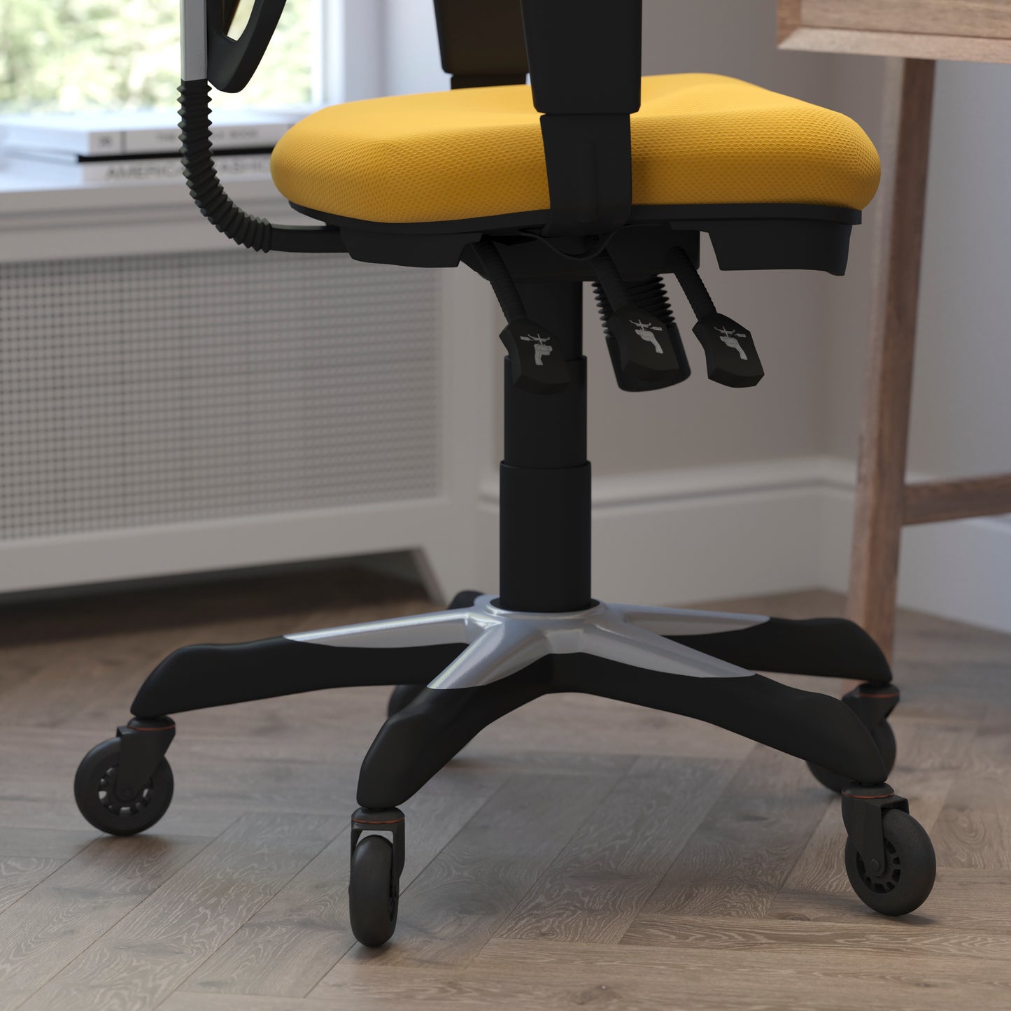 Nicholas Mid-Back Yellow-Orange Mesh Multifunction Executive Swivel Ergonomic Office Chair with Adjustable Arms and Transparent Roller Wheels Yellow-Orange/Black Frame
