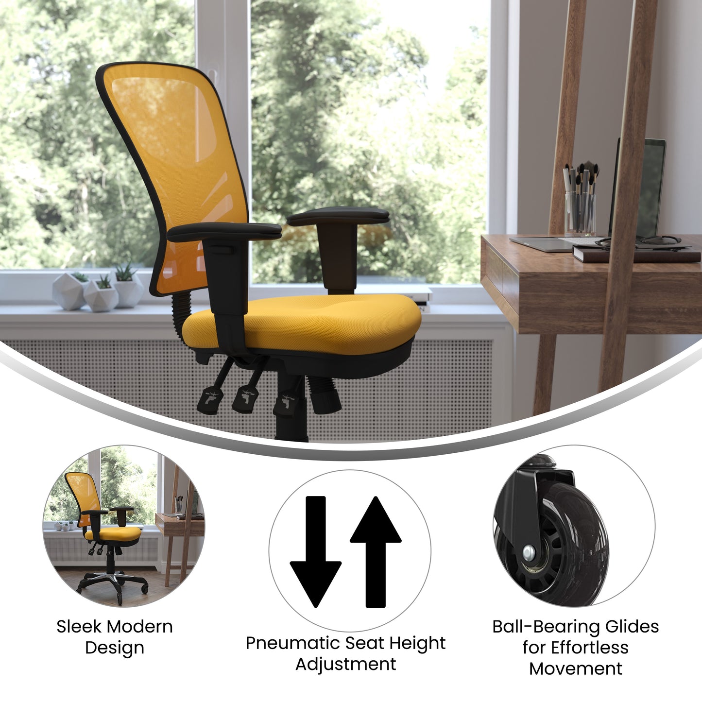 Nicholas Mid-Back Yellow-Orange Mesh Multifunction Executive Swivel Ergonomic Office Chair with Adjustable Arms and Transparent Roller Wheels Yellow-Orange/Black Frame
